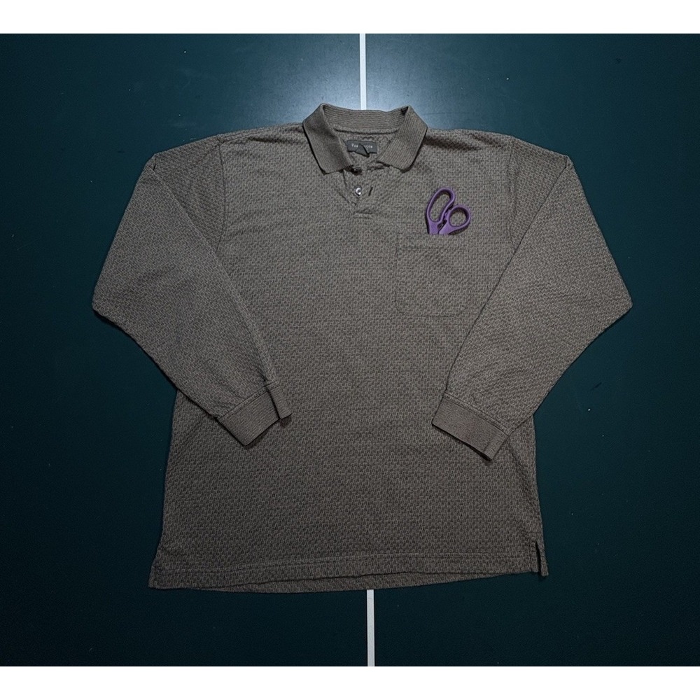 Vintage 90s Long Sleeve Polo Shirt Men's Medium Rugby Textured Pocket Brown Gray